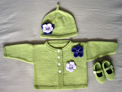 Debbie Bliss Jacket With Moss Stitch Bands, Simple Hat and Moss Stitch Shoes